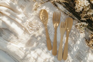 Natural wooden cutlery set on a light cloth.