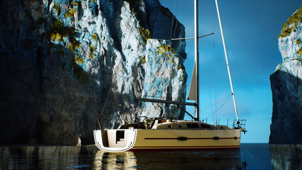 Water reflects the calm beauty of the landscape as a sleek sailboat navigates through a tranquil bay. Towering cliffs stand majestically, offering a breathtaking backdrop.