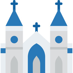 Outline Of A Blue And White Church With Two Towers And Crosses On A Transparent Background Representing City Life