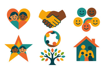 Fototapeta premium Children's Symbolic Icons. Symbolic World Children’s Day set of icons in geometric flat vector. Heart with children, clasped hands, unity circle, smiling faces, peace dove with