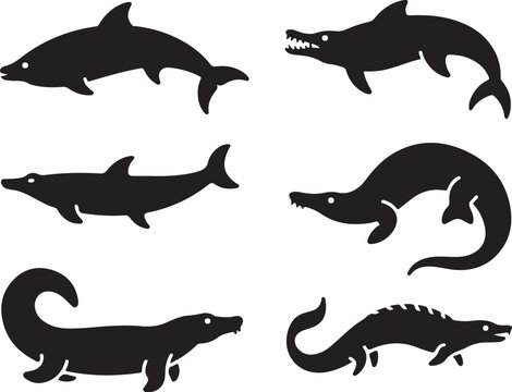 Ancient sea reptile silhouettes on white background
