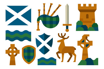 Scottish Icon Set. Scottish Saint Andrew’s Day set of icons in geometric flat vector. Scottish flag, bagpipes, tartan shield, castle tower, loch waves, sword and shield, highland