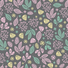 Happy New Year seamless pattern with fir cone, holly leaves and berries for greeting cards, wrapping papers. Seamless winter pattern. Vector illustration.
