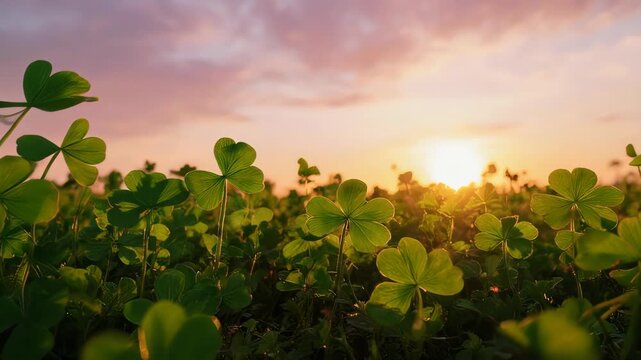 A stunning video of a field full of lucky four-leaf clovers swaying in the breeze at sunset. A perfect, serene background symbolizing luck and nature's magic.