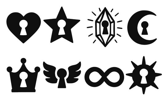 Unique Keyhole Icons. Symbolic Keyholes set of icons silhouette. Heart-shaped keyhole, star-shaped keyhole, glowing crystal keyhole, moon-shaped keyhole, crown-topped keyhole