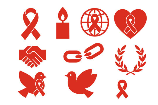 World AIDS Day Icons. Classic World AIDS Day set of icons in geometric flat vector. Red ribbon, candle flame, globe with ribbon, clasped hands, broken chain, heart with ribbon
