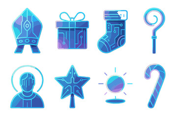 Futuristic Saint Nicholas Icons. Futuristic St. Nicholas Day set of icons in geometric flat vector. Holographic mitre, neon glowing gift box, cyber stocking, digital crozier staff