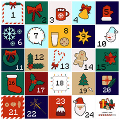 Pixel art advent calendar with festive icons for a vintage holiday countdown