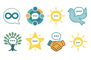 Symbolic Chat Icons. Symbolic Group Chat set icons in flat vector style. Chat bubble with infinity sign, unity circle with chat bubble, radiant orb with chat dots, tree of life