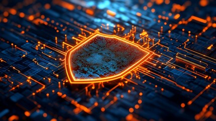 Glowing shield on a circuit board with orange lights indicating data flow and network connections