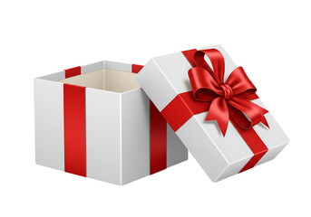 White gift box with a red satin ribbon isolated on transparent and white background. Png transparent.