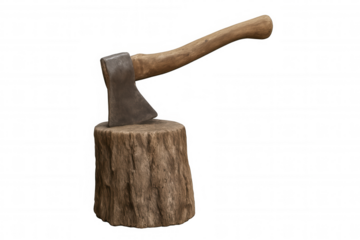 Axe impacting into a tree stump chopping block, representing lumberjack tools and woodcutting work, transparent background
