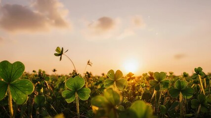 A stunning video of a field full of lucky four-leaf clovers swaying in the breeze at sunset. A perfect, serene background symbolizing luck and nature's magic.