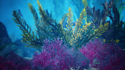 Colorful marine plants sway gently in the current, creating a harmonious underwater dwelling. Rich greens and brilliant pinks thrive in a tranquil aquatic environment, showcasing natures beauty.