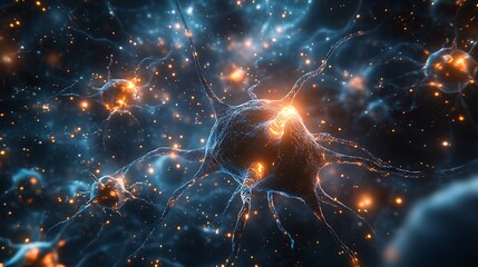 Abstract representation of neurons with glowing connections in a dark space background