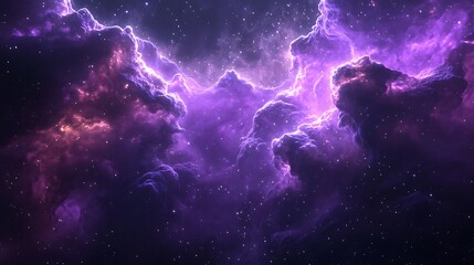 A vibrant purple nebula with bright stars shining through the cosmic clouds and space dust around it