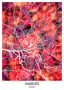 Hamburg Germany City Downtown Street Map. Watercolor abstract painting modern urban travel art downtown landmarks artwork
