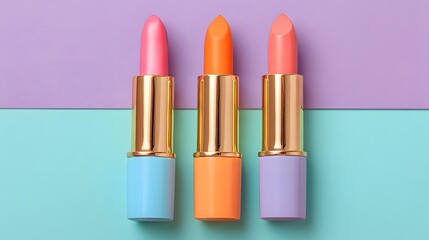 Obraz premium Three pastel lipsticks are arranged on a split pastel background.
