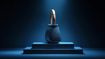 Blue Woven Handbag Placed on a Display Stand Under Spotlights