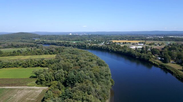 Scenic Aerial View Of Connecticut River In The Rural Town Of Hadley In Massachusetts, USA.