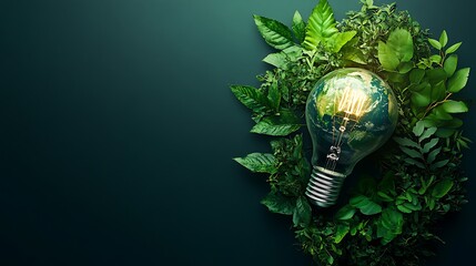 Lightbulb with earth inside surrounded by green leaves on a dark green background concept idea