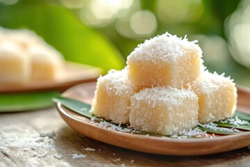 Delicious Tapioca Kuih with Shredded Coconut Topping Close Up