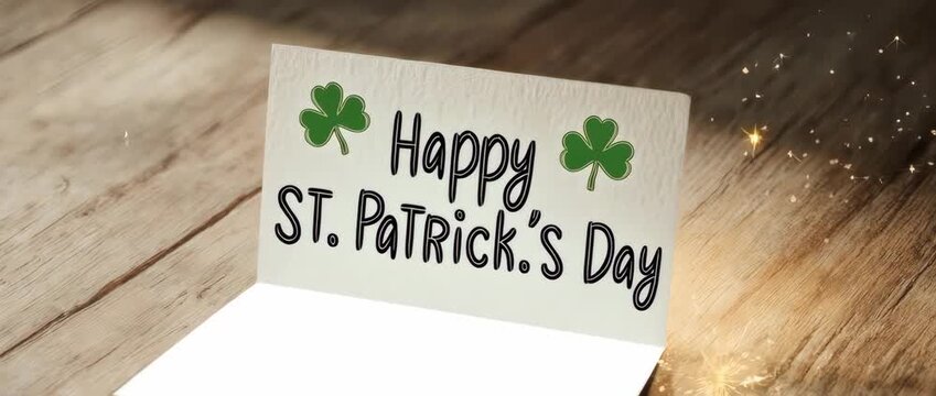 A delightful stop-motion style animation of a greeting card opening to reveal a "Happy St. Patrick's Day" message. Perfect for social media posts and e-cards.