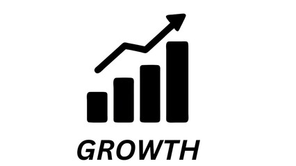 A minimalist and bold black business growth chart icon featuring ascending bars and an upward arrow. Ideal for presentations, business reports, financial infographics, and websites. Represents success