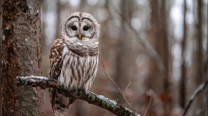 Barred owl perched on a snowy branch, staring directly at viewer, amidst a blurred forest