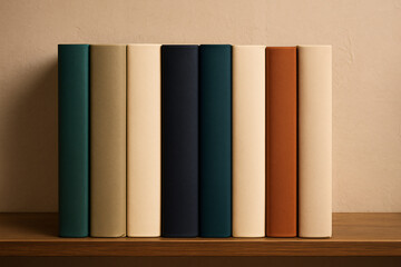 Naklejka premium Aesthetic arrangement of colorful books standing vertically on a wooden shelf.