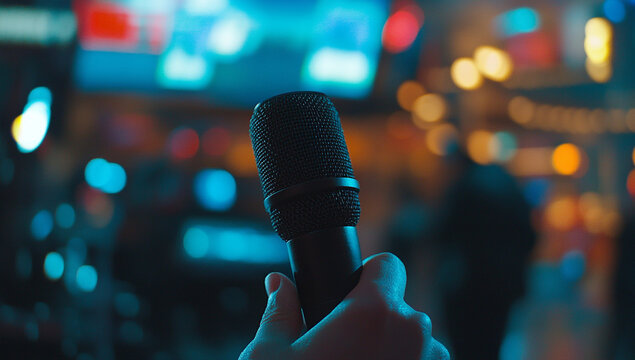 hand holding microphone with blurred background of nightclub lights and bokeh