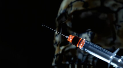 Close-Up of a Syringe Against a Skull Background
