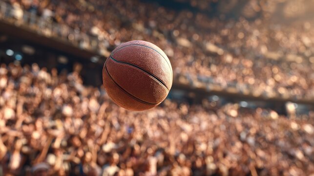 Brown basketball floating mid-air over a blurred crowd in stadium with bright lighting - Powered by Adobe