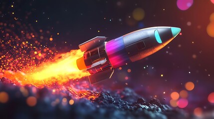 Rocket ship launching with fiery exhaust against a dark space background with bokeh effects