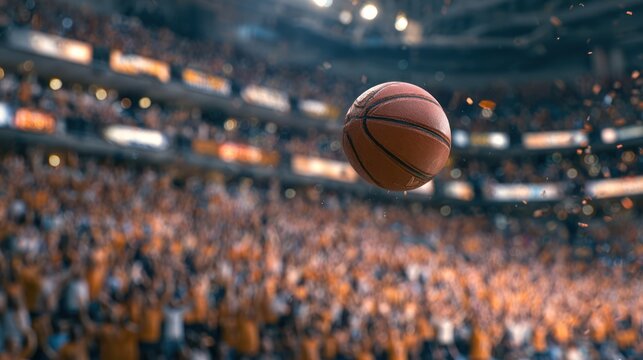 Suspended basketball with blurred crowd and confetti backdrop, motion capture