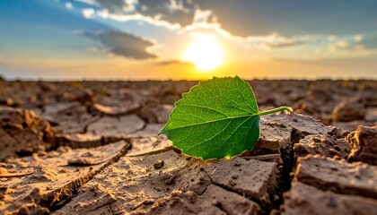 Leaf in arid cracked earth with sunset