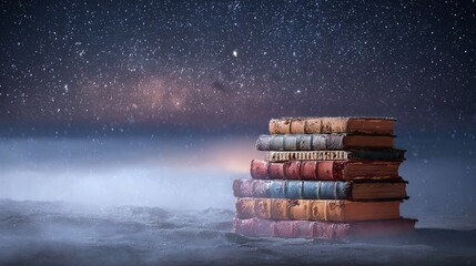 Stack of antique books under a stunning starry night sky, inspiring imagination and knowledge