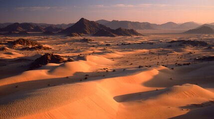 Expansive desert landscape at sunset with rolling sand dunes.