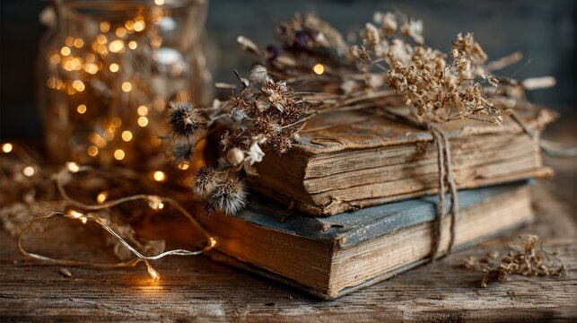 Vintage books with dried flowers and warm fairy lights create a cozy, inviting atmosphere