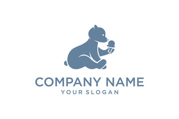 Little cute polar bear eating ice cream logo silhouette design vector illustration black retro 