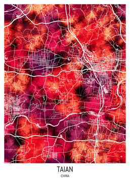 Taian China City Downtown Street Map. Watercolor abstract painting modern urban travel art downtown landmarks artwork
