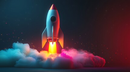 A rocket ship launching with smoke and fire against a dark background with red and blue lighting