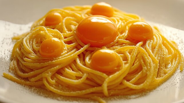 Delicious carbonara pasta with vibrant egg yolks, a culinary masterpiece for food blogs and restaurant menus