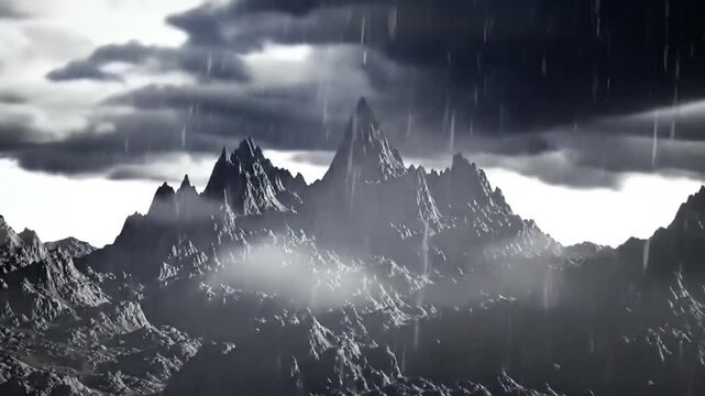 Dramatic Stormy Mountain Landscape with Heavy Rain and Dark Clouds.