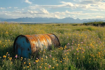Rusty barrel resting amidst a vibrant meadow landscape.