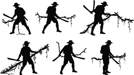 Obraz premium Jungle Explorer Silhouette, Man with Machete Cutting Vines and Brush, Tropical Adventure, Survival and Clearing Path Vector.