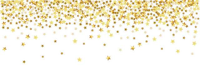 Star pattern background with confetti falling from top border. Golden and gold glitter stars, dots and particles scattered across white backdrop. Vector gradient texture with decreasing density.