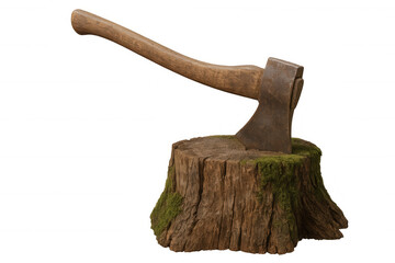 Old rusted axe stuck in moss covered wood tree stump, chopping and lumberjack tool, transparent background