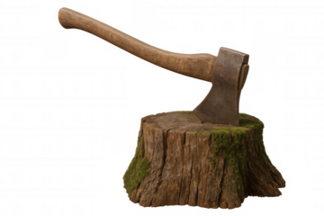 Old rusted axe stuck in moss covered wood tree stump, chopping and lumberjack tool, transparent background