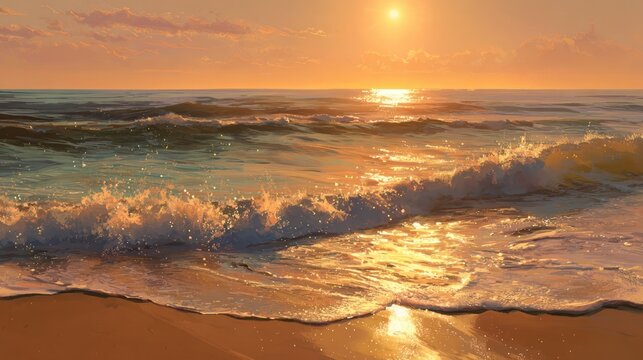 A golden sunset over a serene ocean painting with gentle waves lapping on the sandy shore